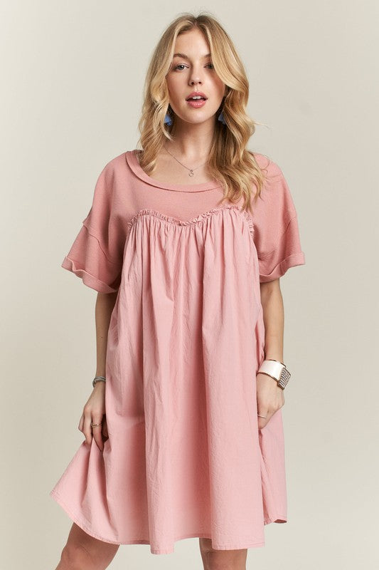 ADORA Round Neck Half Sleeve Babydoll Dress- Dusty Pink