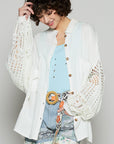 POL Openwork Lantern Sleeve Button Down Gauze Shirt-White