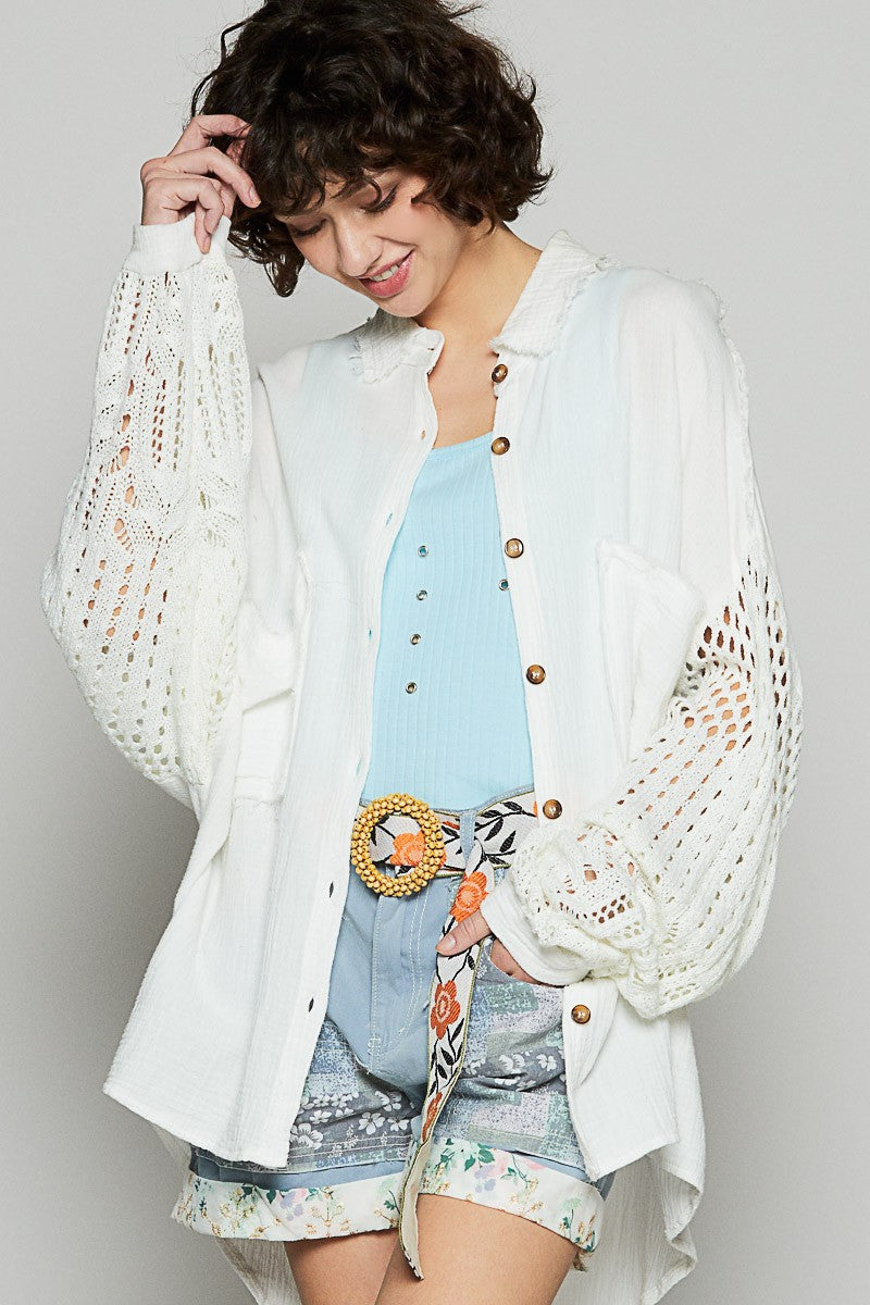 POL Openwork Lantern Sleeve Button Down Gauze Shirt-White