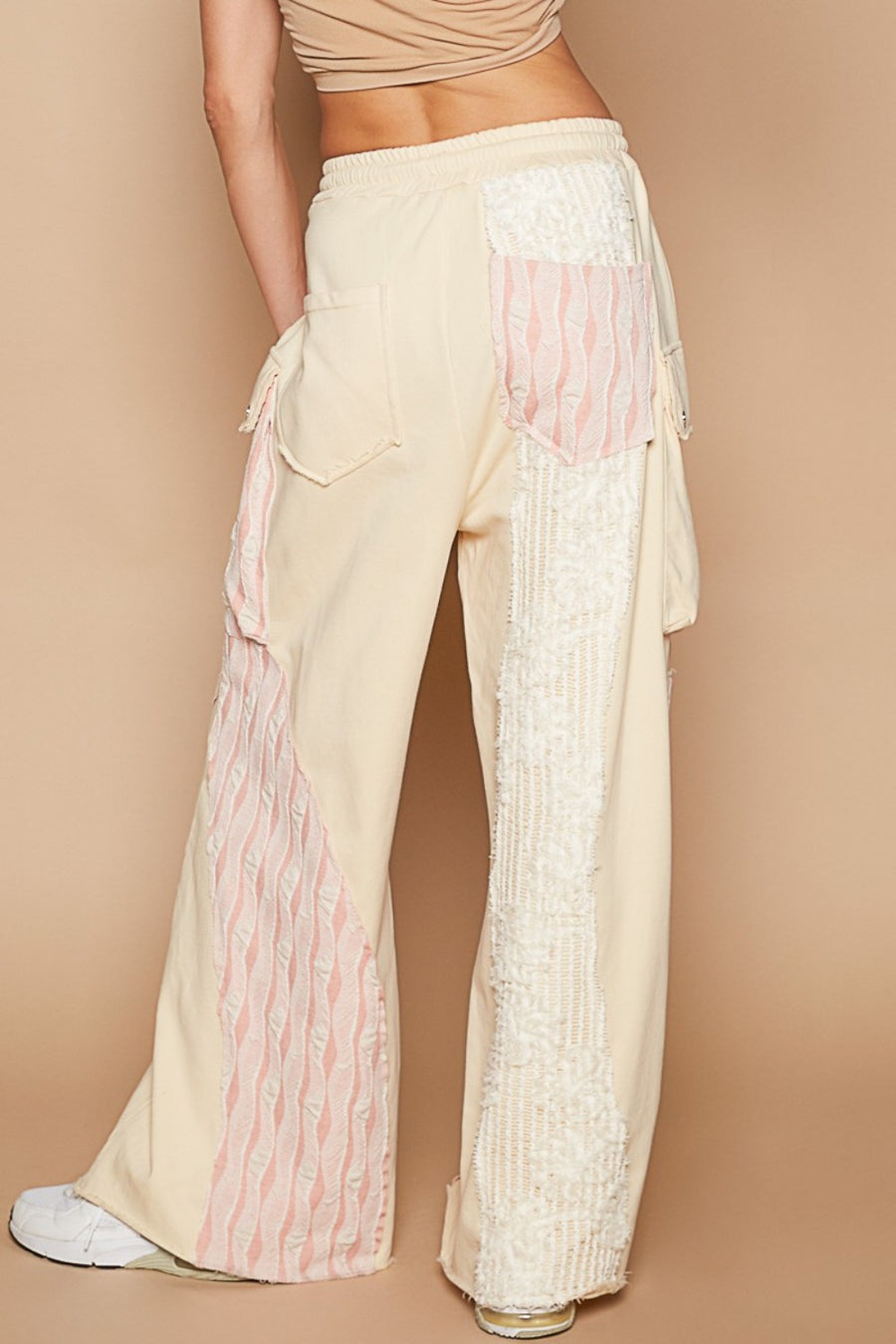 POL Crochet Contrast Drawstring Wide Leg Pants- Cream Beige