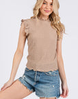 Ces Femme Texture Mock Neck Ruffle Cap Sleeve Blouse