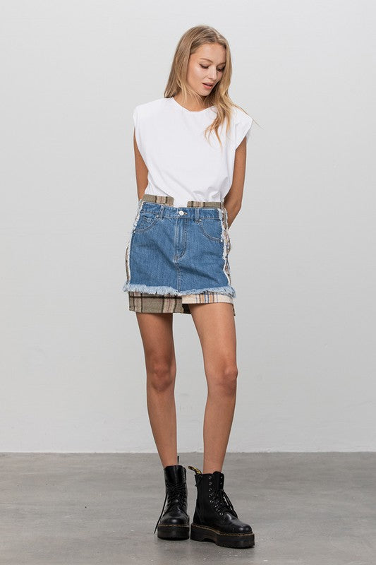 PLAID CHECKER DENIM MINI SKIRT