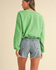 Mable Round Neck Letter Embroidery Crop Sweatshirt- Apple Green