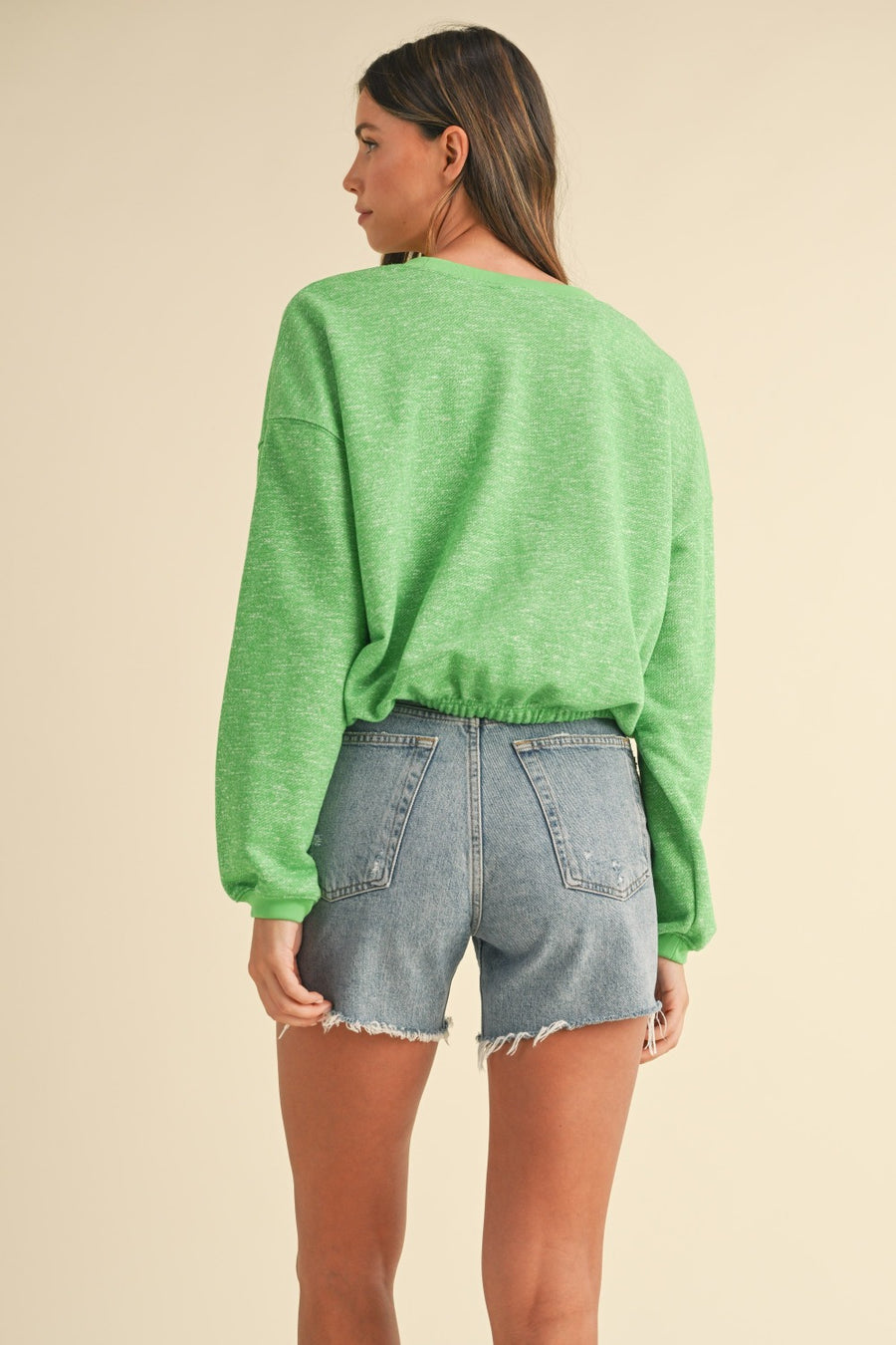 Mable Round Neck Letter Embroidery Crop Sweatshirt- Apple Green