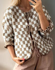 Double Take Tied Checkered Dropped Shoulder Flounce Sleeve Cardigan