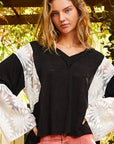 POL Lace Detail V-Neck Flare Sleeve Blouse- Black