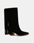 Beast Fashion Suede Fringe Point Toe Boots- Black