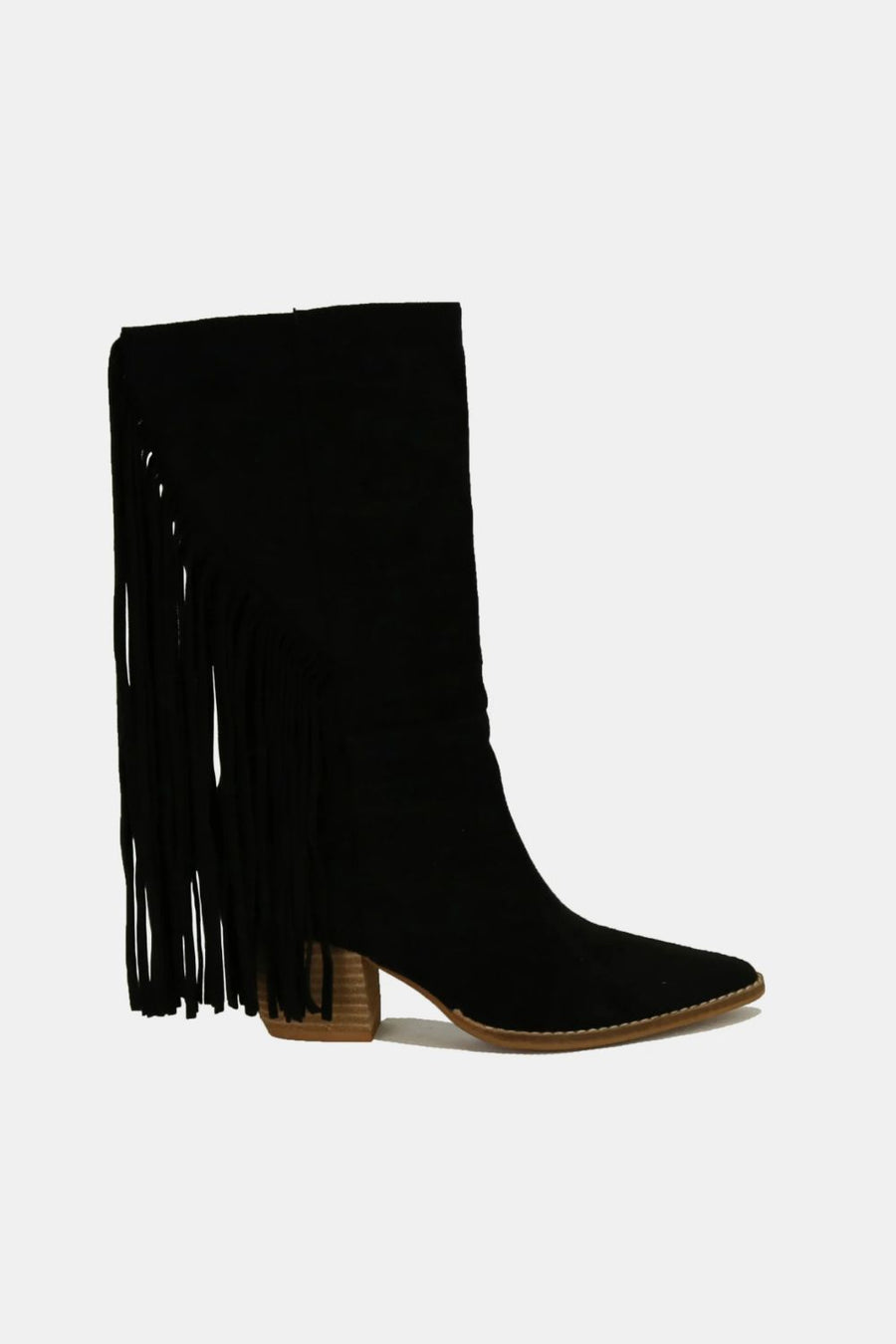 Beast Fashion Suede Fringe Point Toe Boots- Black