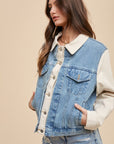 Annie Wear Collared Neck Double Placket Denim Jacket- Medium wash