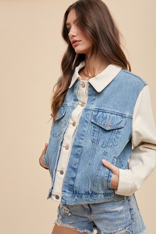 Annie Wear Collared Neck Double Placket Denim Jacket- Medium wash