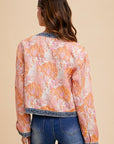 Annie Wear Floral Jacquard Denim Contrast Button Down Jacket- Coral