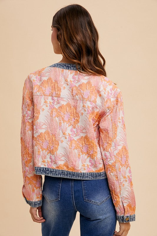 Annie Wear Floral Jacquard Denim Contrast Button Down Jacket- Coral