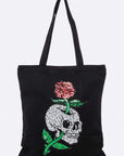 Skull And Rose Large Sequin Patch Canvas Tote