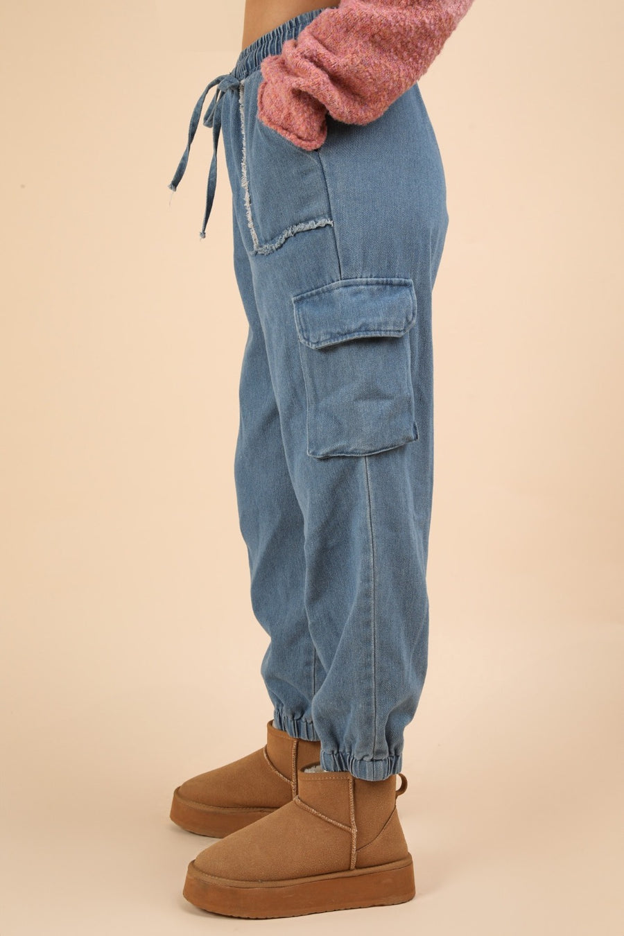 VERY J Washed Drawstring Jogger Cargo Jeans- Indigo