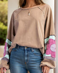 Flower Patch Round Neck Balloon Sleeve Top