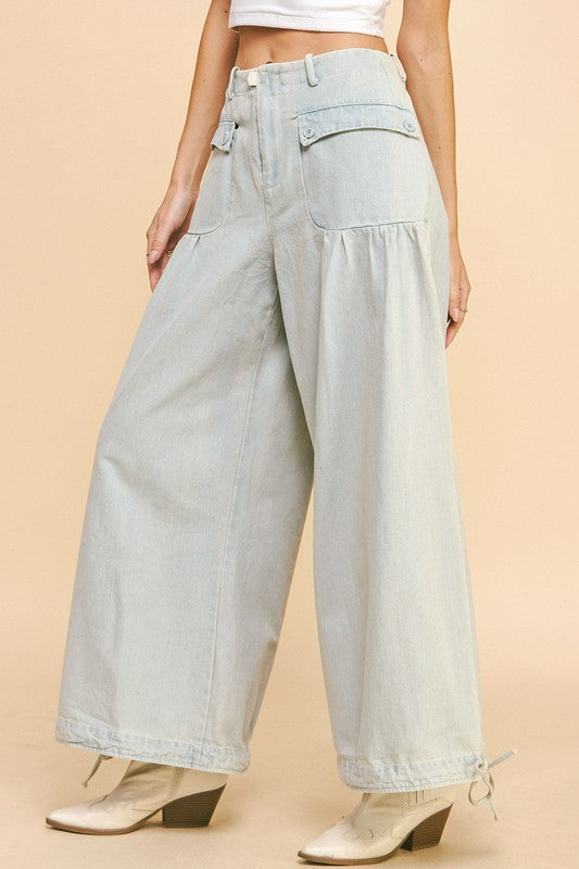 Davi & Dani Drawstring Hem Wide Leg Mid Rise Jeans-Light