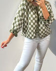 Double Take Tied Checkered Dropped Shoulder Flounce Sleeve Cardigan