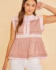 Annie Wear Contrast Trim Peplum Button Detail Blouse- Dusty Pink