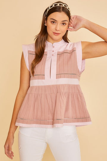 Annie Wear Contrast Trim Peplum Button Detail Blouse- Dusty Pink