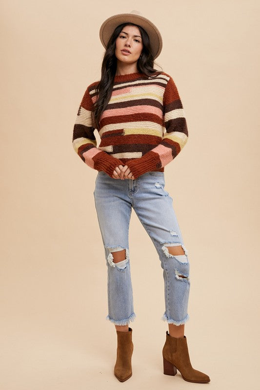 Annie Wear Color Block Round Neck Long Sleeve Sweater-Chocolate