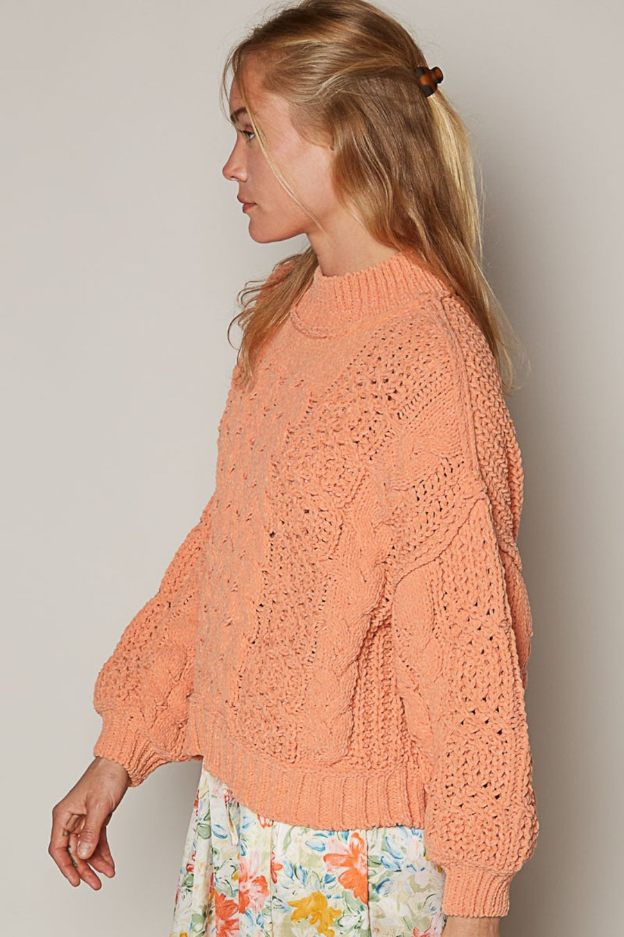 POL Mock Neck Cable Knit Sweater- Peach