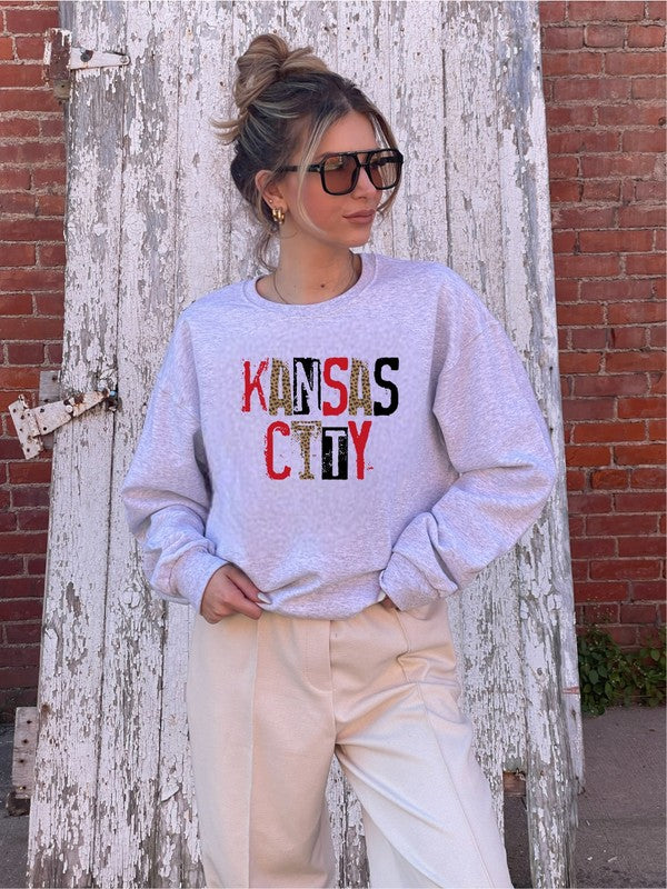 Kansas City Leopard Graphic Crew Neck Sweatshirt- Plus Size