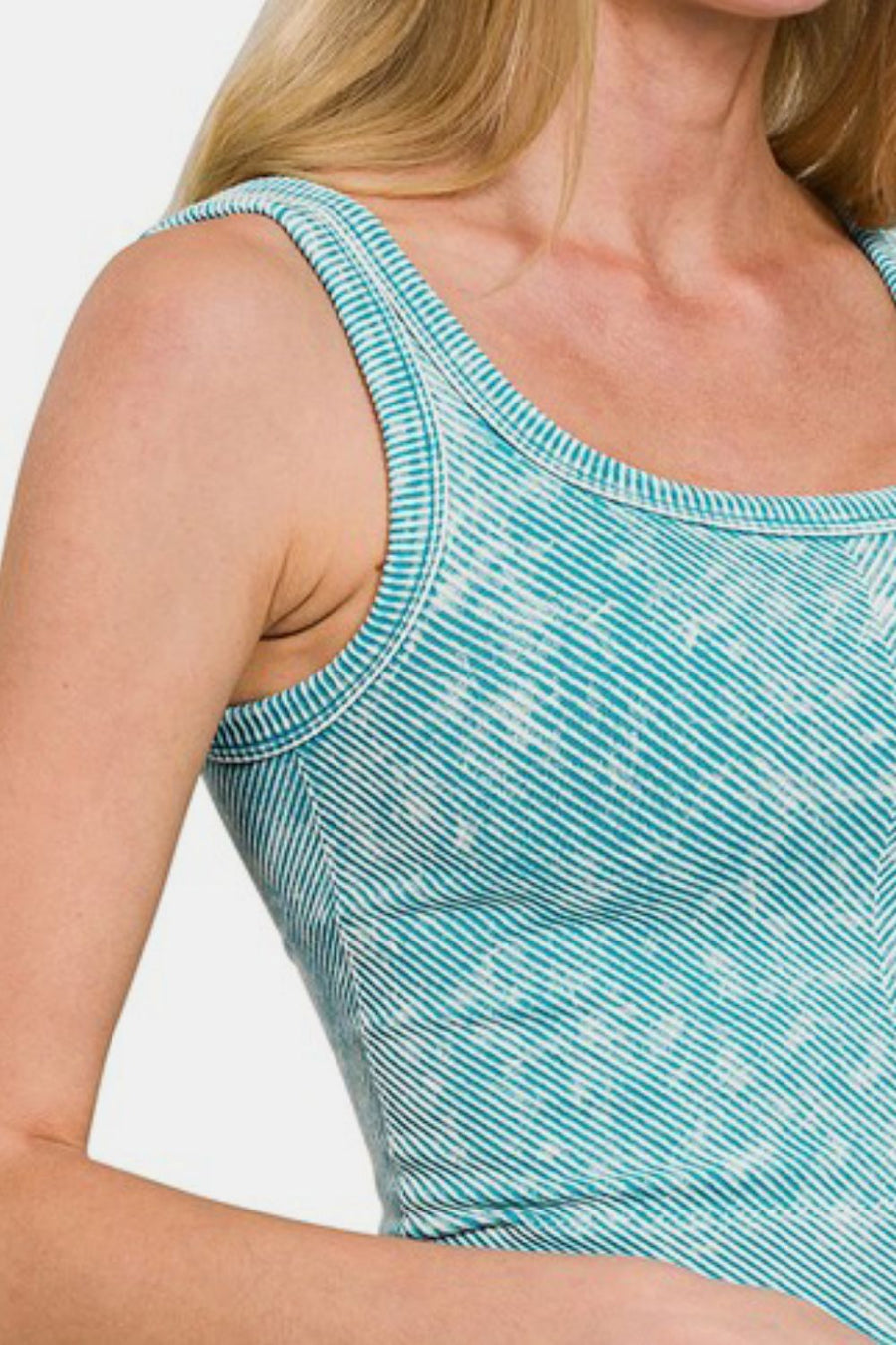 Zenana Washed Ribbed Scoop Neck Wide Strap Tank- Ice Blue