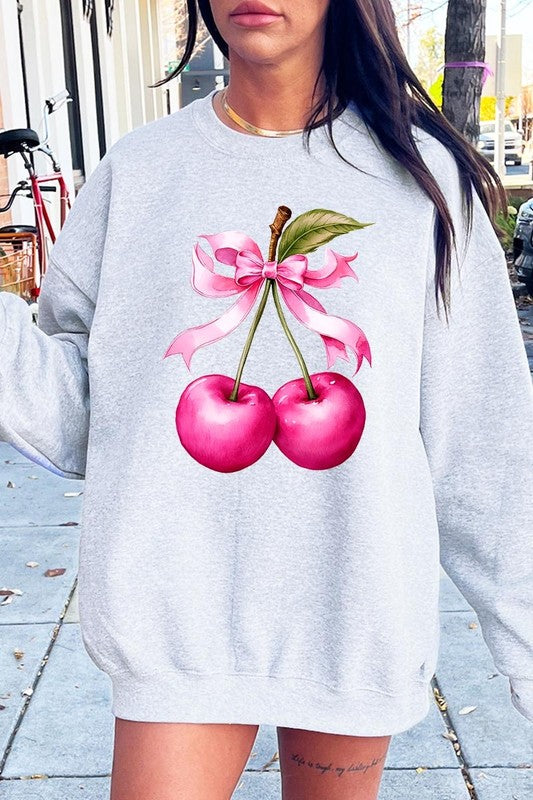 Cherry with Coquette Bow Graphic Fleece Sweatshirt