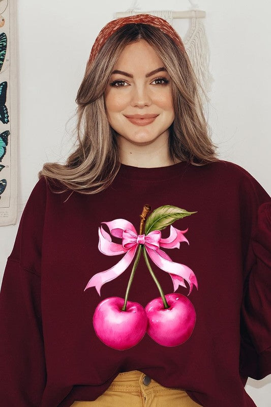 Cherry with Coquette Bow Graphic Fleece Sweatshirt