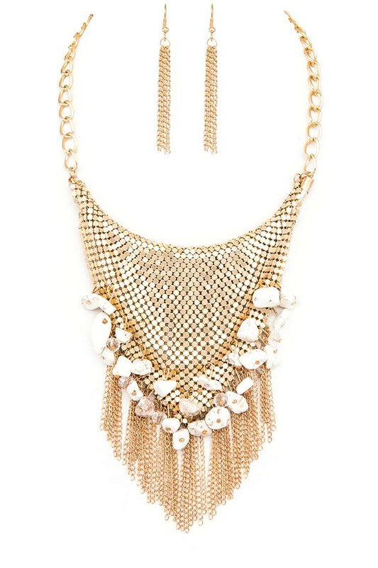 Chainmail Bib Stone Nuggets Fringe Necklace