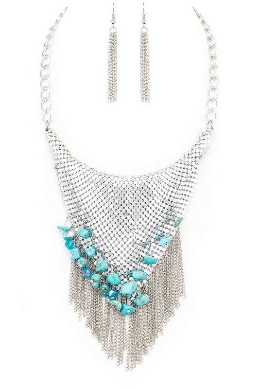 Chainmail Bib Stone Nuggets Fringe Necklace