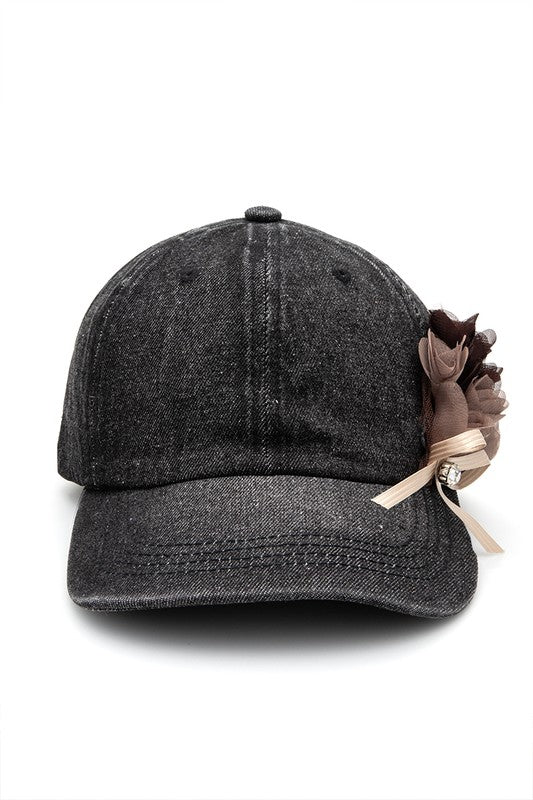 Satin Flower Embellished Denim Cap