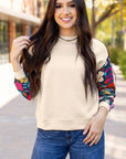 Contrast Floral Sleeve Textured Top Sweatshirts