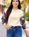 Contrast Floral Sleeve Textured Top Sweatshirts