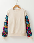 Contrast Floral Sleeve Textured Top Sweatshirts