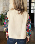 Contrast Floral Sleeve Textured Top Sweatshirts