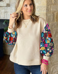 Contrast Floral Sleeve Textured Top Sweatshirts