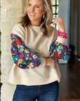 Contrast Floral Sleeve Textured Top Sweatshirts