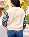 Contrast Floral Sleeve Textured Top Sweatshirts