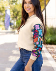 Contrast Floral Sleeve Textured Top Sweatshirts