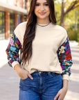 Contrast Floral Sleeve Textured Top Sweatshirts