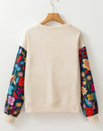 Contrast Floral Sleeve Textured Top Sweatshirts