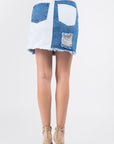 American Bazi Contrast Patched Frayed Denim Distressed Skirts