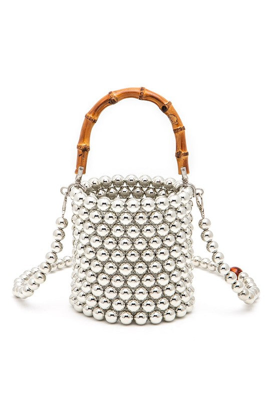 Bamboo Top Handle Beaded Bucket Clutch Bag