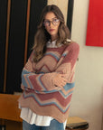 Annie Wear Multi Color Zig-Zag Round Neck Sweater- Rose