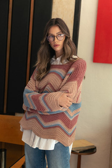 Annie Wear Multi Color Zig-Zag Round Neck Sweater- Rose