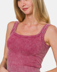 Zenana Washed Ribbed Scoop Neck Wide Strap Tank- Burgundy