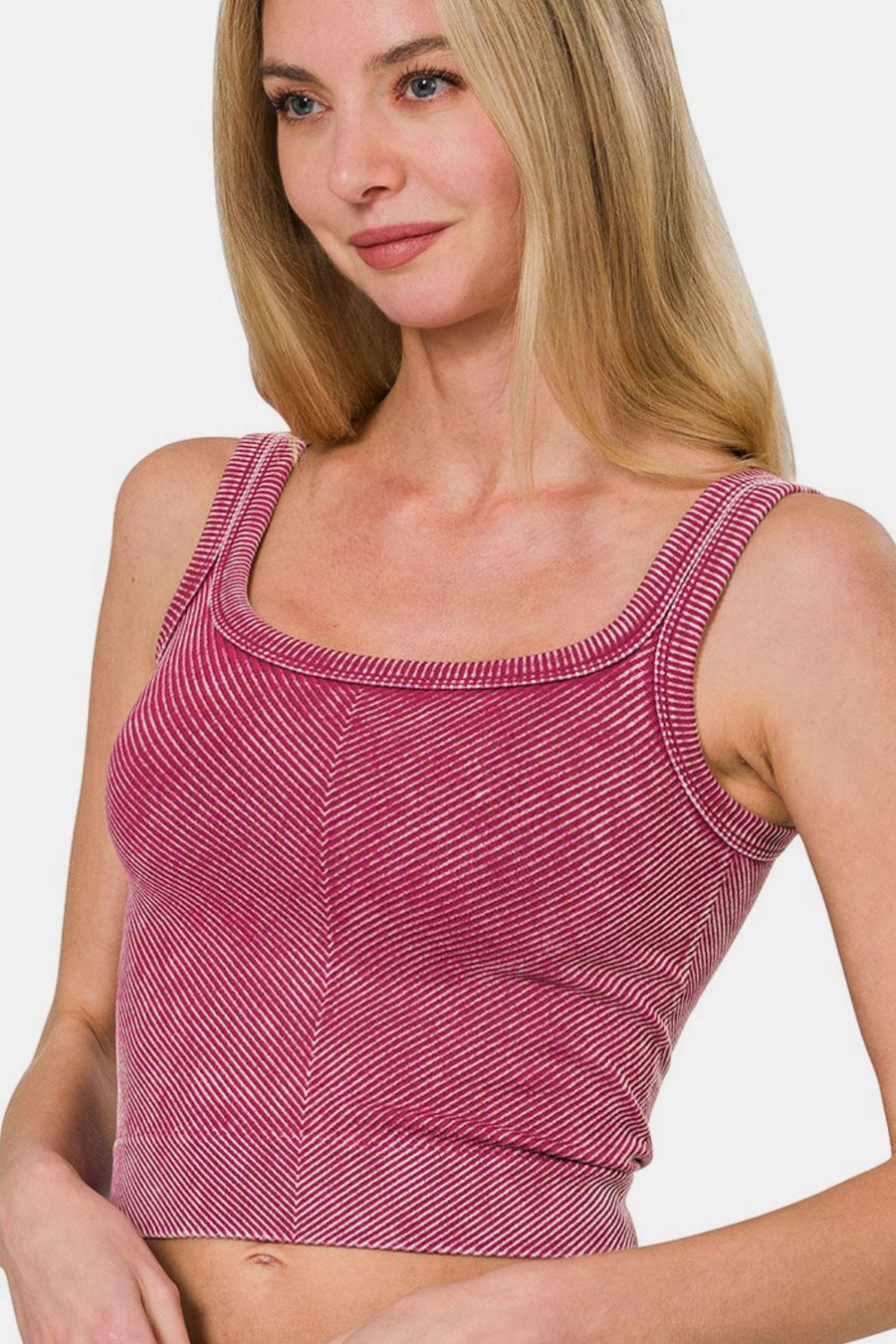 Zenana Washed Ribbed Scoop Neck Wide Strap Tank- Burgundy