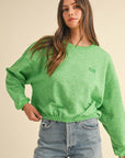 Mable Round Neck Letter Embroidery Crop Sweatshirt- Apple Green