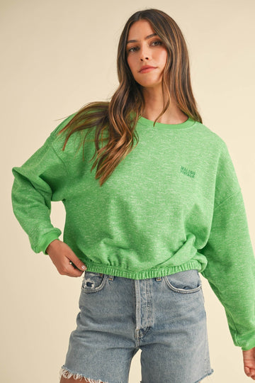 Mable Round Neck Letter Embroidery Crop Sweatshirt- Apple Green